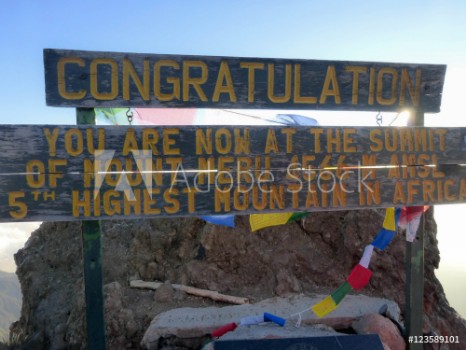 Picture of summit sign on Mount Meru in Arusha National Park